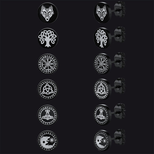 Viking Black Stud Earrings Set for 6 Pairs