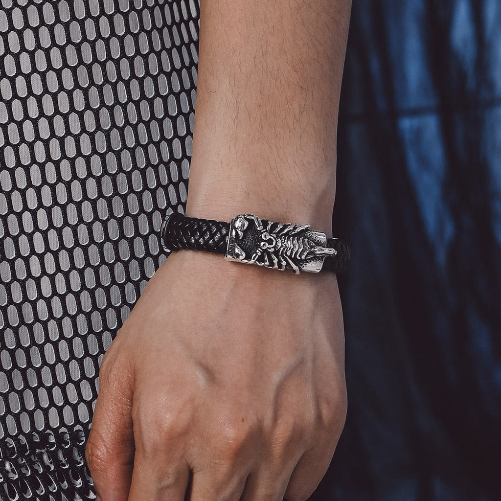 Punk Scorpion Black Braided Leather Bracelet Bangle Gift for Son Grandson