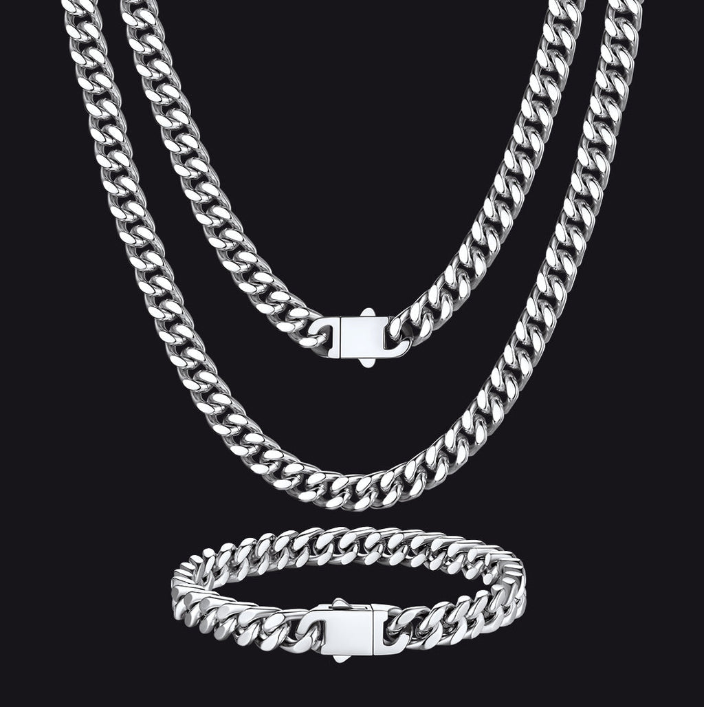 7mm Miami Cuban Link Chain & Bracelet Jewelry Set for