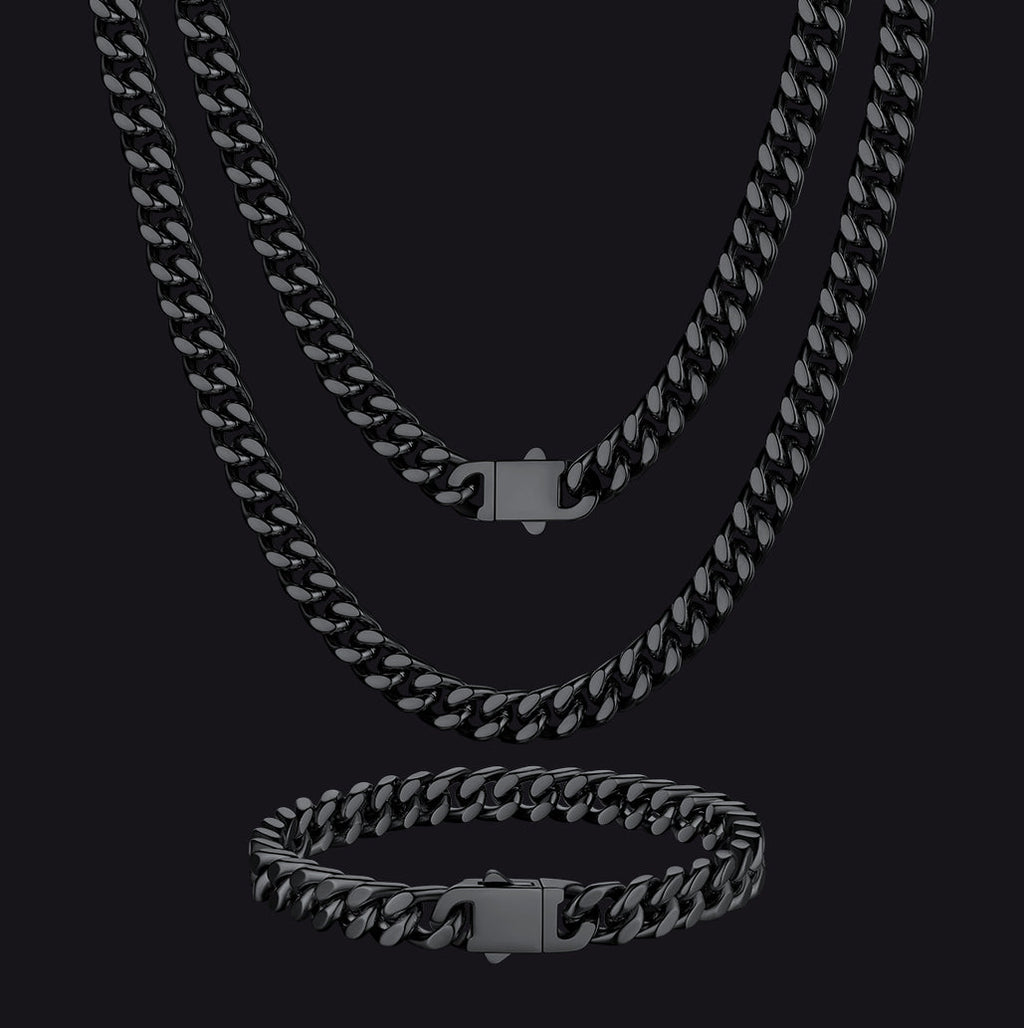 7mm Miami Cuban Link Chain & Bracelet Jewelry Set for
