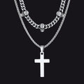Gothic Skull Cuban Chain & Cross Layered Pendant Set for