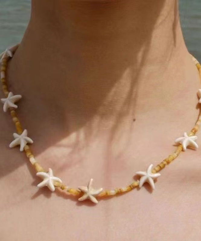 Beach Yellow Alloy Starfish Shell Beading Necklace