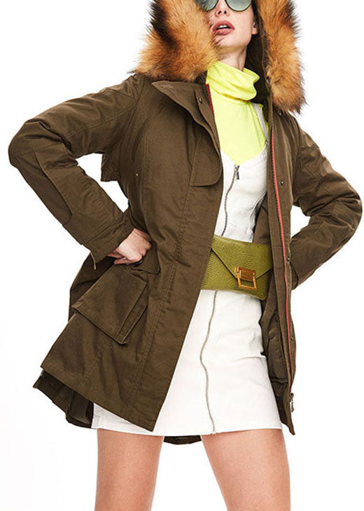 Army Green Hooded Fur Collar Tasseled Drawstring Winter Duck Down Jacket