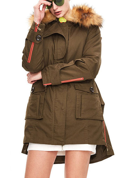 Army Green Hooded Fur Collar Tasseled Drawstring Winter Duck Down Jacket