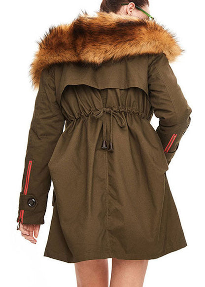 Army Green Hooded Fur Collar Tasseled Drawstring Winter Duck Down Jacket