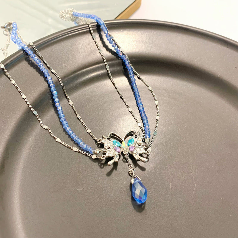 Baby Blue Copper Zircon Crystal Butterfly Water Drop Tassel Pendant Necklace