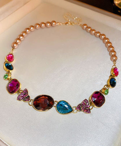 Gold Agate Pearl Zircon Gem Stone Collar Necklace