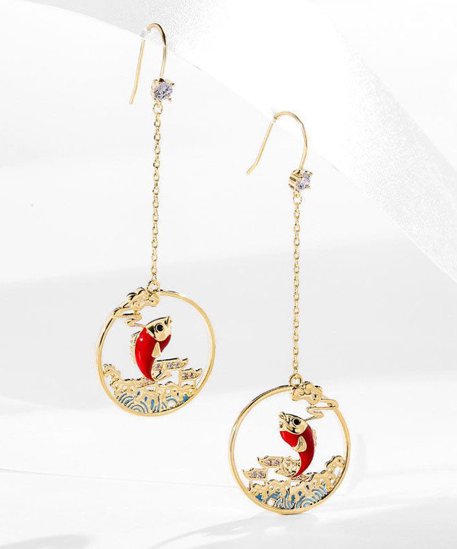 Gold Orange Overgild Zircon Oil Drip Koi Fish Drop Earrings Tw1036