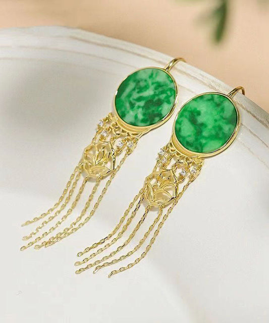 Green Sterling Silver Tie Dye Round Tassel Jadeite Drop Earrings Tw1022
