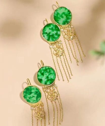 Green Sterling Silver Tie Dye Round Tassel Jadeite Drop Earrings Tw1022