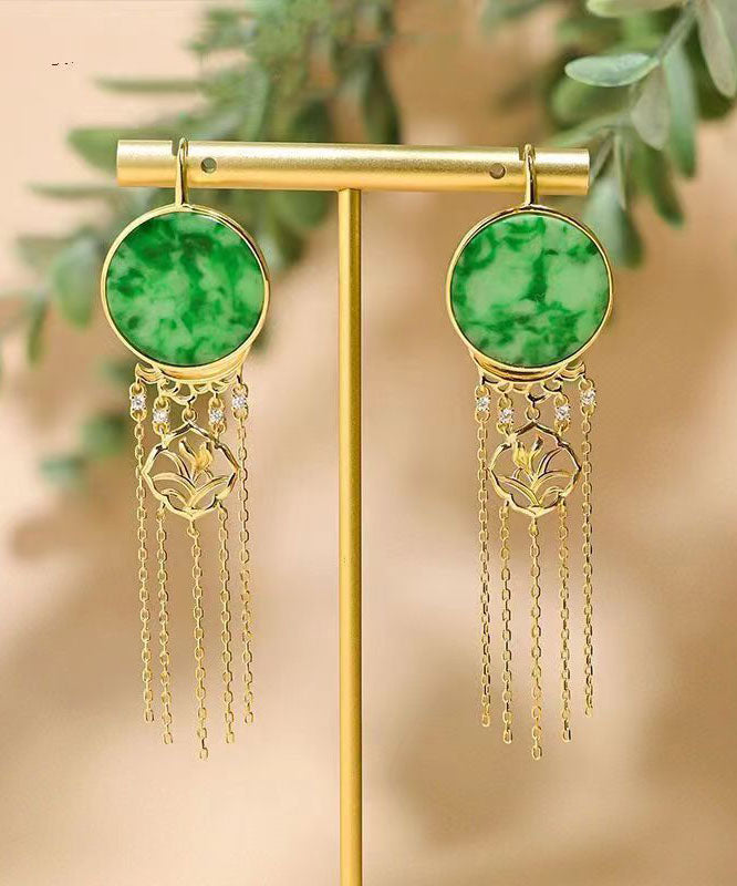 Green Sterling Silver Tie Dye Round Tassel Jadeite Drop Earrings Tw1022