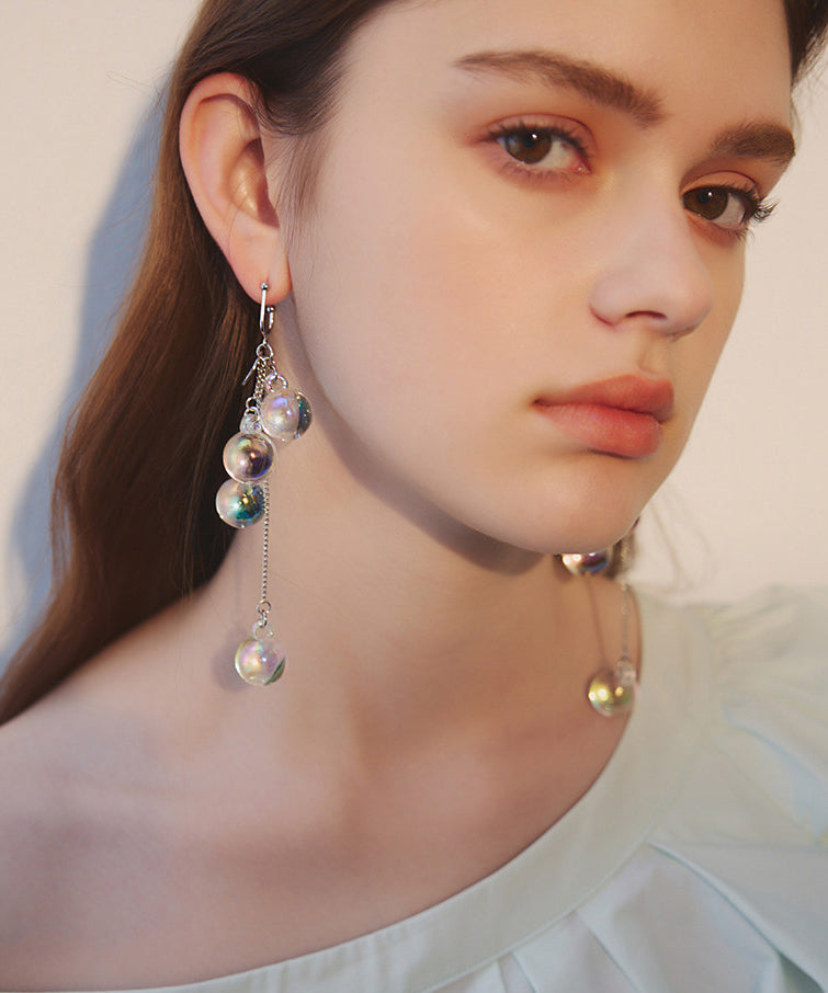 Iridescent Bubble Long Tassel Crystal Bead Drop Earrings