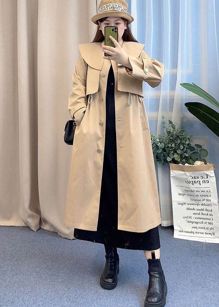 Khaki Peter Pan Collar Drawstring Cotton Trench Fall