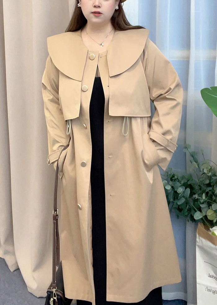 Khaki Peter Pan Collar Drawstring Cotton Trench Fall