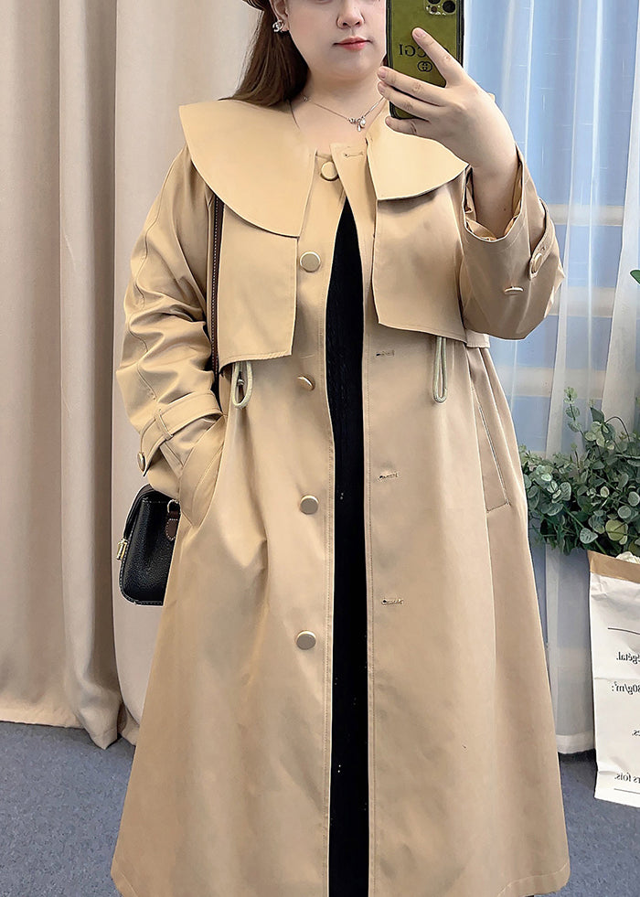 Khaki Peter Pan Collar Drawstring Cotton Trench Fall