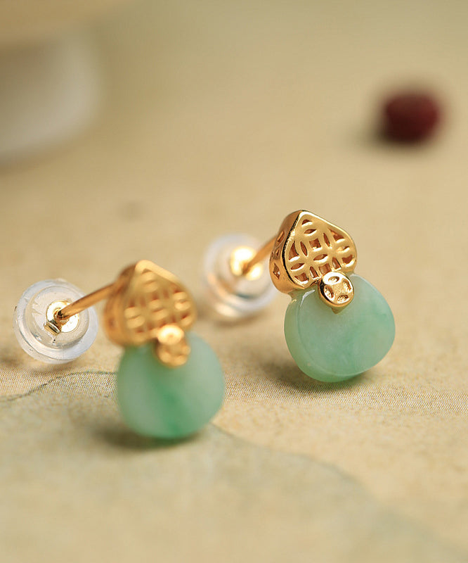 Light Green Sterling Silver Overgild Jade Stud Earrings Df1016