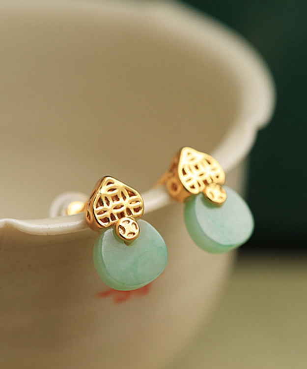 Light Green Sterling Silver Overgild Jade Stud Earrings Df1016