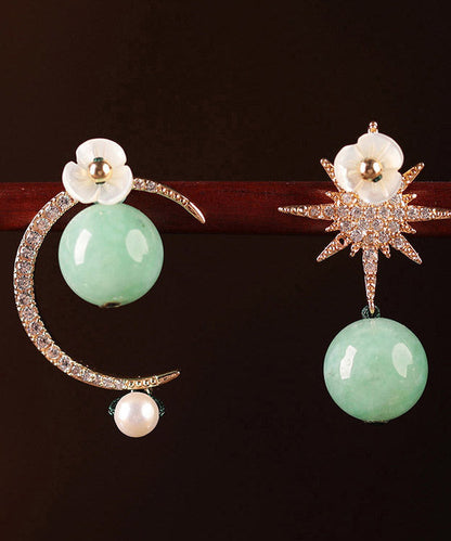 Light Green Sterling Silver Zircon Shell Flower Pearl Hoop Earrings