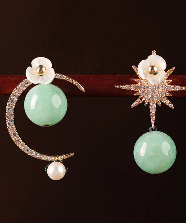 Light Green Sterling Silver Zircon Shell Flower Pearl Hoop Earrings