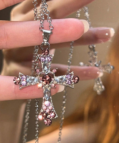 Purple Alloy Zircon Cross Lariat Necklace