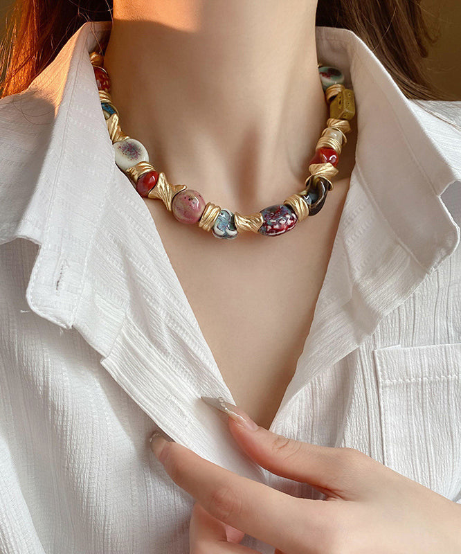 Rainbow Sterling Silver Overgild Ceramic Beads Collar Necklace Wi044