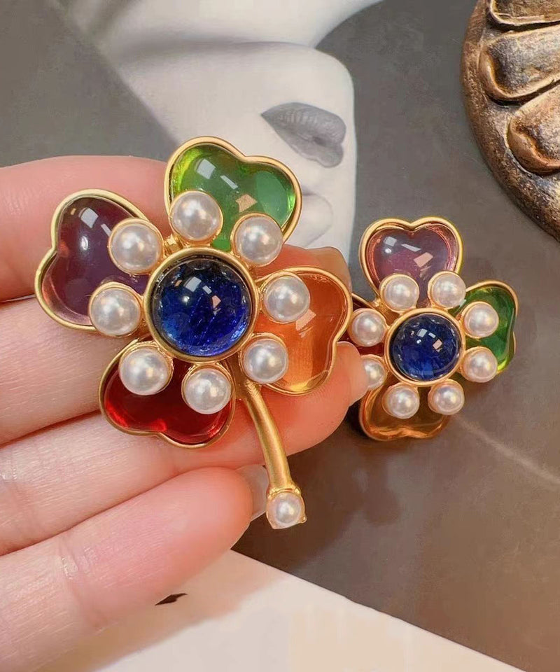 Rainbow Sterling Silver Overgild Pearl Stud Earrings Df1028