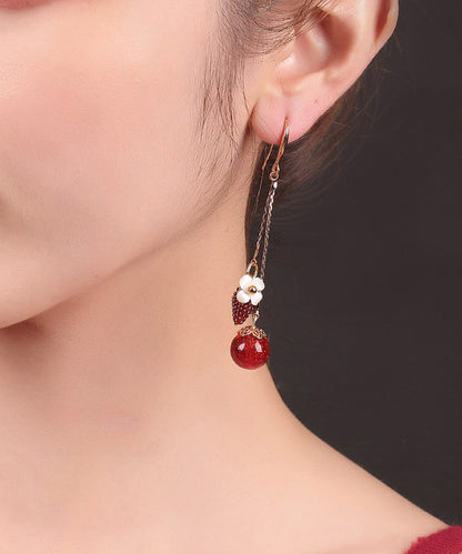 Red Copper Cloisonne Cloured Glaze Strawberry Shell Flower Drop Earrings