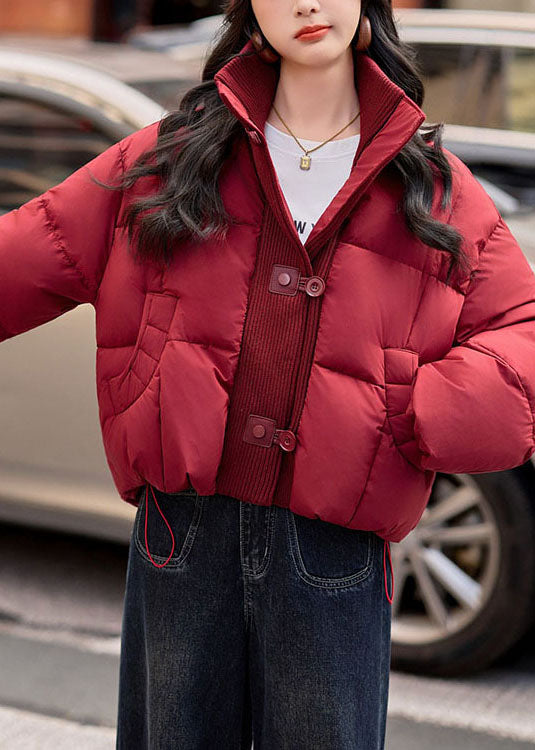 Red High Neck Patchwork Drawstring Fine Cotton Filled Puffer Jacket Winter