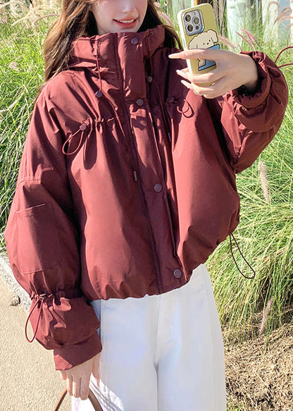 Red Stand Collar Drawstring Duck Down Puffer Jacket Winter
