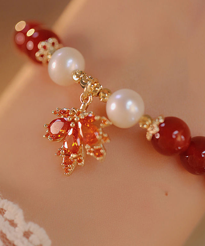 Red Sterling Silver Overgild Agate Maple Leaf Charm Bracelet