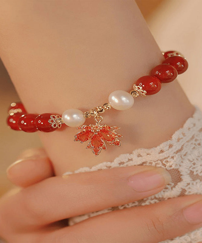 Red Sterling Silver Overgild Agate Maple Leaf Charm Bracelet