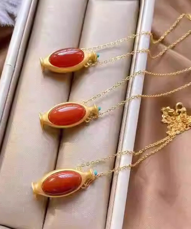 Red Sterling Silver Overgild Agate Pendant Necklace