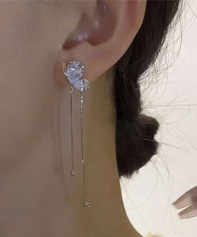 Silk Copper Zircon Butterfly Tassel Drop Earrings