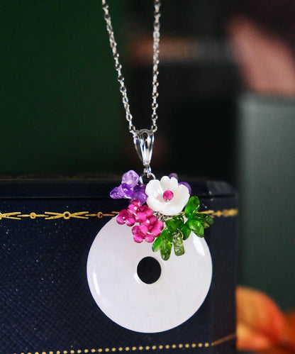 White Sterling Silver Jade Ping Buckle Pendant Necklace