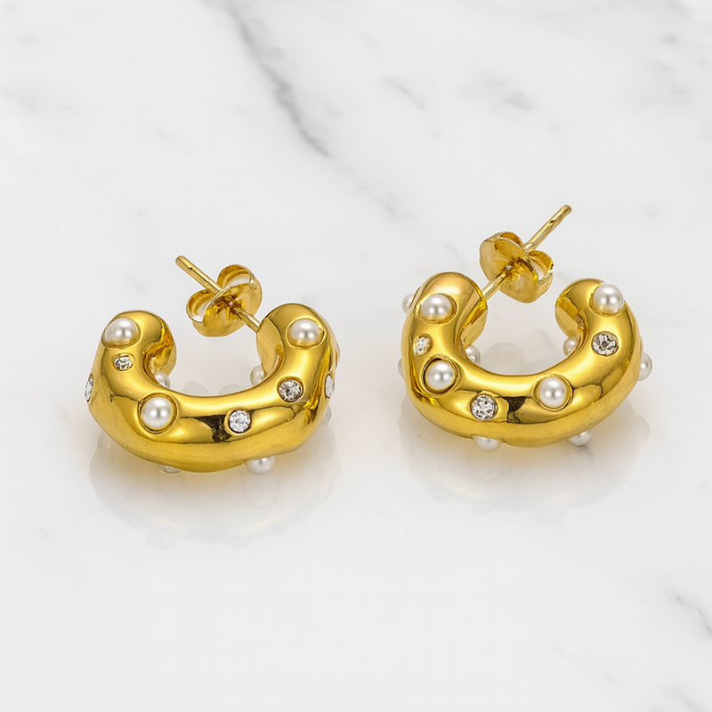 “bella” 18k Gold Plated Stainless Steel Pearl Hoops