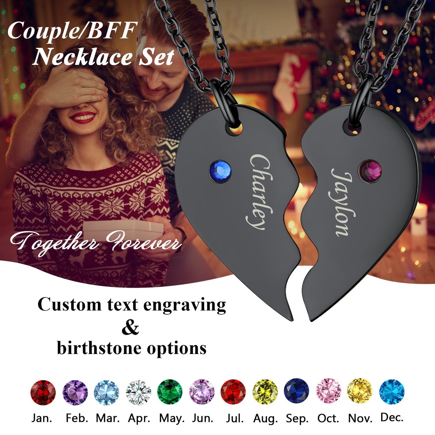 Custom Heart Matching Necklaces With Birthstone for Couple Best Friends