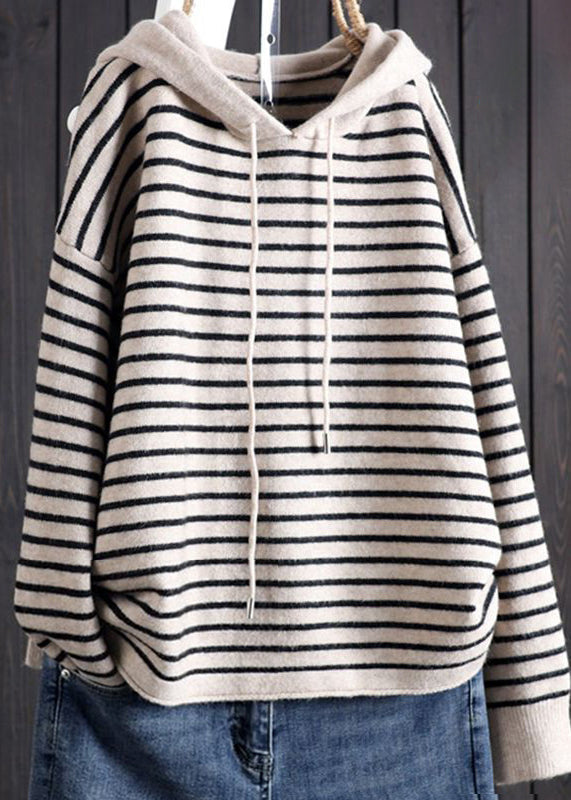 Apricot Striped Patchwork Drawstring Hooded Knitted Cotton Thread Sweaters Fall