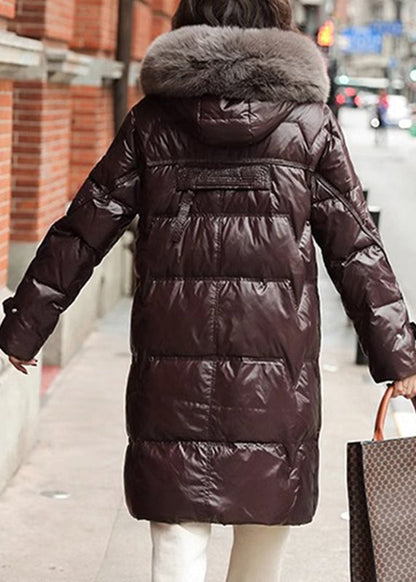 Coffee Fox Collar Drawstring Zippered Puffer Jacket Winter
