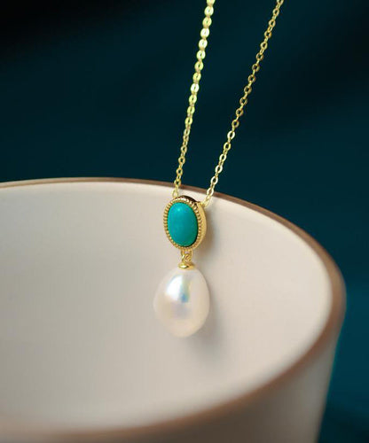 Gold Sterling Silver Overgild Turquoise Pearl Pendant Necklace