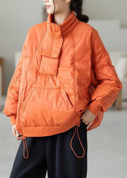 Orange Hooded Drawstring Pockets Duck Down Down Pullover Sweatshirt Winter