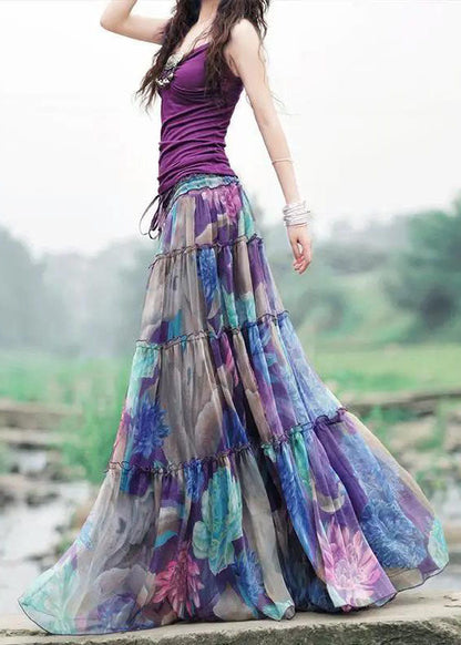 Purple Drawstring Wrinkled Patchwork Print Chiffon Skirt Summer
