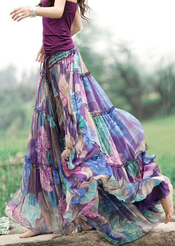 Purple Drawstring Wrinkled Patchwork Print Chiffon Skirt Summer
