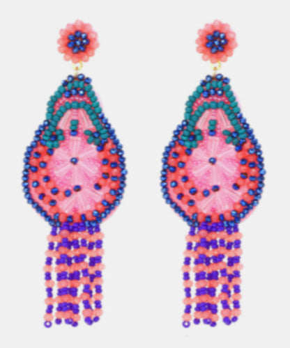 Rainbow Weave Crystal Beading Tassel Drop Earrings