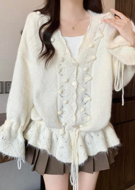 White Fuzzy Ball Decorated Drawstring Knit Cardigans Fall