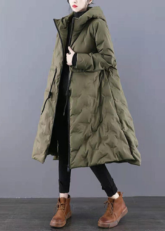 Army Green Hooded Drawstring Side Open Thick Duck Down Down Coats Winter