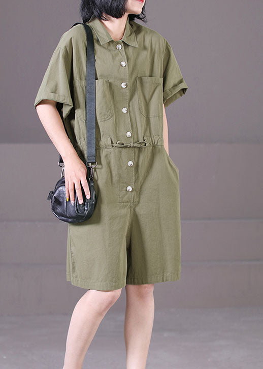 Army Green Peter Pan Collar Drawstring Pockets Color Cotton Overalls Jumpsuit Summer