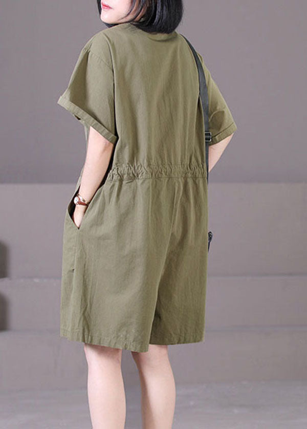 Army Green Peter Pan Collar Drawstring Pockets Color Cotton Overalls Jumpsuit Summer