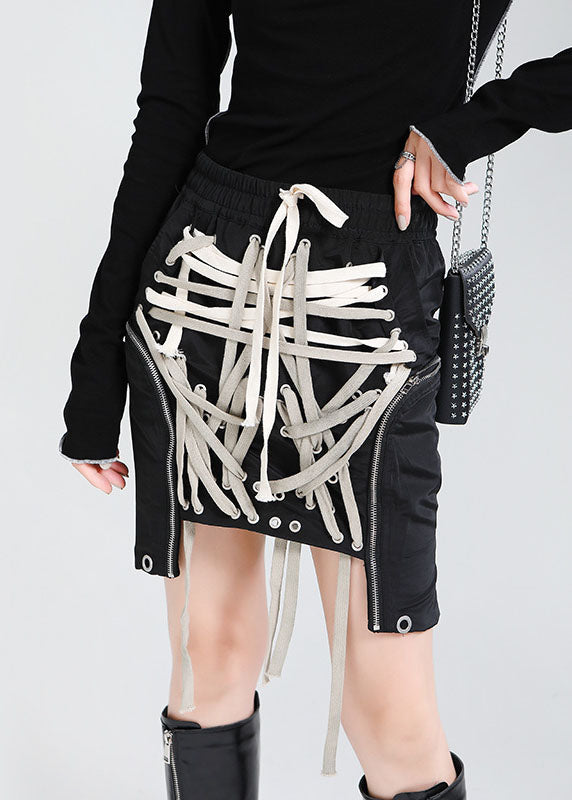 Black Elastic Waist Drawstring Pockets Asymmetrical Design Fall Skirts