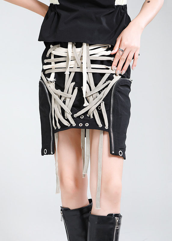 Black Elastic Waist Drawstring Pockets Asymmetrical Design Fall Skirts