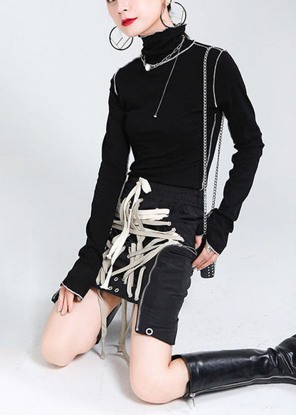 Black Elastic Waist Drawstring Pockets Asymmetrical Design Fall Skirts